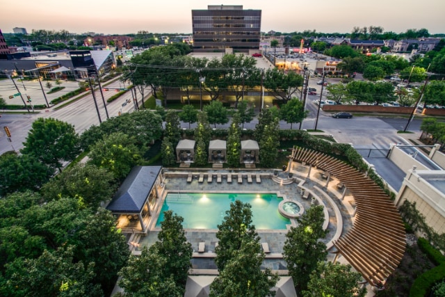 Vendome grounds aerial view with pool and gardens